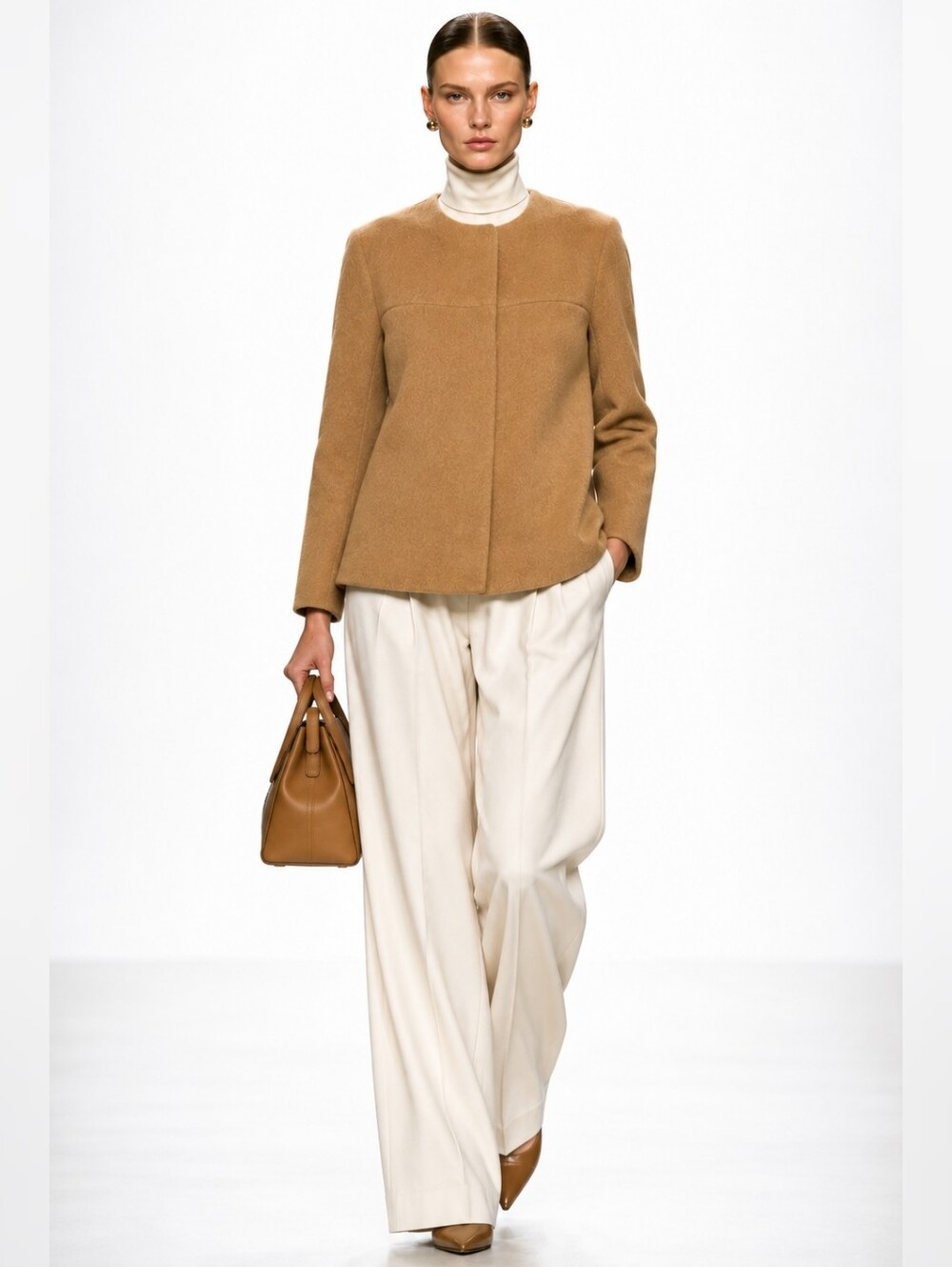 Chiarulli 100% Virgin Wool Italian Cropped Swing Coat Jacket Camel IT 42